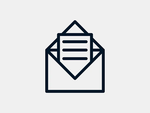 Ein stilisiertes Symbol eines Briefumschlags mit einem Dokument darin, das mit Linien für den Text versehen ist.